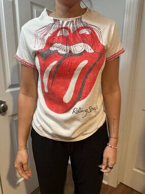 Rolling Stones Rhinestone Logo Upcycled Band Tee with Sleeve Trim